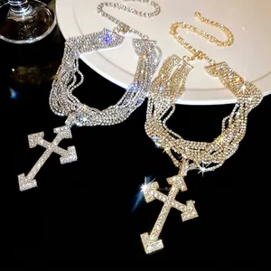 Multi-Layered Rhinestone Cross Pendant Necklace Trendy Personalized Arrow Design Clavicle Chain Gold Silver Jewelry For Women