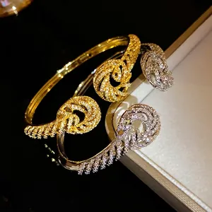 Elegant 18K gold plated zircon twisted open bangle bracelet for women luxury jewelry