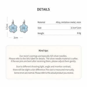 Detailed size and material info for light blue resin flower pendant earrings with pearl.