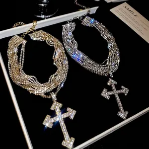 Stunning multi-layer rhinestone cross pendant necklace for an elegant fashion statement