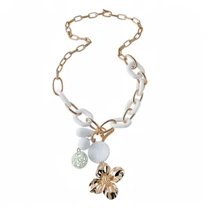 Vintage gold flower pendant necklace with elegant white links and stylish OT buckle closure