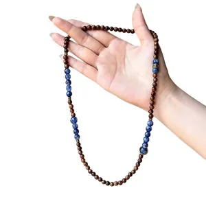 Retro handcrafted wooden bead string necklace with blue marble stone ethnic style