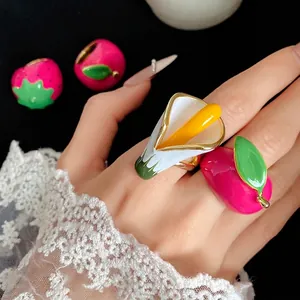 Vibrant dopamine style enamel strawberry and calla lily open ring for holiday fashion