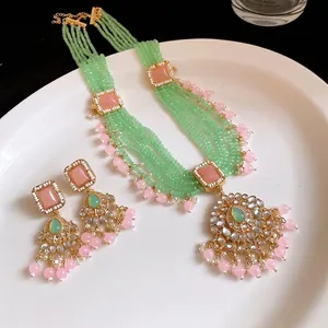Vintage Luxury Jewelry Set For Women Geometric Square Rhinestone Artificial Pearl Mint Green Pink Gold Necklace Earrings
