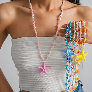 Collier Pendentif Étoile de Mer Bohème pour Femmes Résine Coquille Perles Artificielles Perles de Verre Bijoux de Plage Accessoires Couleur Dopamine