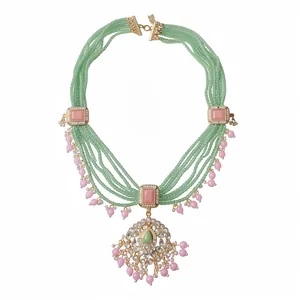 Vintage multi-strand beaded necklace with pink geometric resin and crystal pendant