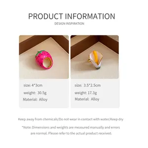 Detailed product specifications for strawberry and calla lily enamel alloy rings
