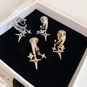 Elegant 18k gold plated zirconia double star clip earrings for non-pierced ears