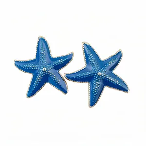 Blue enamel starfish stud earrings with crystal center on a clean white background