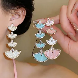 Luxurious 18K Gold Plated Zirconia Fan Shaped Tassel Earrings For Women Elegant Acetate Long Inlaid Fashion Jewelry With 925 Sterling Silver Post