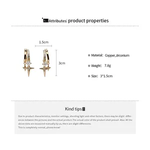 Detailed product properties of 18k gold plated star drop earrings with cubic zirconia