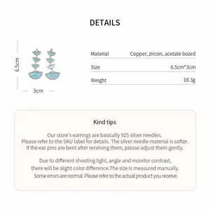 Detailed specifications for fan-shaped zircon earrings with dimensions and weight info