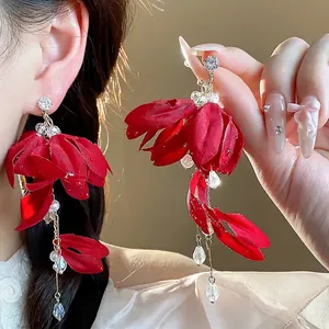 Satin Fabric Flower Tassel Earrings 925 Sterling Silver Earring Post Artificial Pearl Rhinestone Dangle Earrings Jewelry