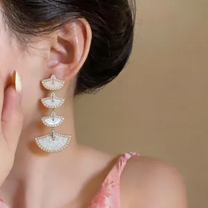 Elegant 18k gold plated tiered fan-shaped dangling earrings with zircon detailing