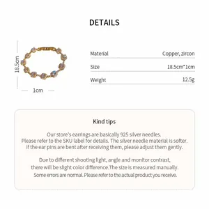 Detail view of 18k gold plated zircon bracelet with size and material specifications