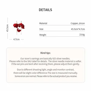 Product details for red fabric flower tassel earrings with copper and zircon specs.