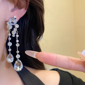 Detailaufnahme von eleganten Silber nadel Tropfen Ohrringen mit Strasssteinen am Ohr