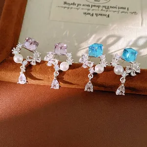 Boucles d'Oreilles Clous Tige en Argent Zirconia Goutte d'Eau Perle Style Doux Élégant Luxe Léger pour Femme