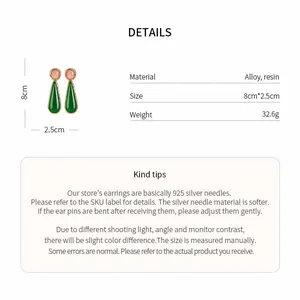 Detailed specifications for teardrop resin earrings with measurements and material info.