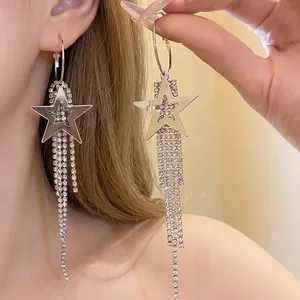 Star Tassel Drop Earrings Silver Plated Copper With Rhinestone Inlaid Sparkly Fashion Jewelry Silver Earring Post Women
