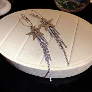 Sparkling star tassel earrings with rhinestones in silver finish for women fashion