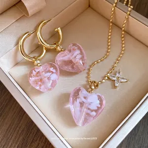 Vintage Kupfer Glas Herz Anhänger Halskette Und Ohrringe Set Mit Strass Blume Für Damen Leichtes Luxus Mode Schmuckset