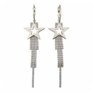 Elegant silver star tassel earrings with sparkling rhinestones, minimalist high-end jewelry