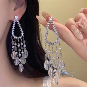 Pendientes de Borla con Poste de Plata Diamante de Imitación Perla Artificial para Mujer Joyería Lujosa Pendientes de Cristal de Vidrio