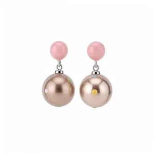 Elegant silver needle drop earrings featuring pink beads and polka dot metallic balls