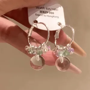 Summer Fresh Silver Earring Post Colorful Beaded Hoop Earrings With Glass Ball Pendants Light Luxury Women Jewelry Gift