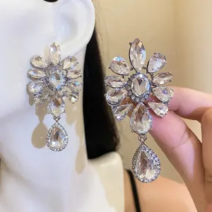 Luxury Alloy Rhinestone Flower Water Drop Dangle Clip-On Earrings For Women Elegant Fashion Jewelry For Party Wedding