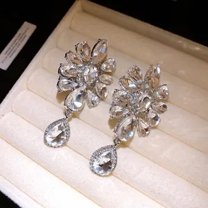Elegant floral rhinestone teardrop clip-on earrings with shimmering crystals for women