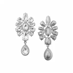 Elegant flower teardrop crystal clip-on earrings in silver tone finish