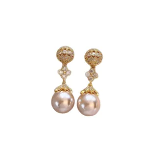 Elegant 18k gold plated champagne pearl dangle earrings with floral zircon accents
