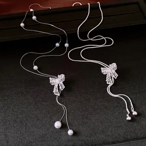 Vintage Silver Color Hollow Bow Adjustable Necklace Luxury Copper Zirconia Artificial Pearl Pendant Clavicle Chain Jewelry For Women