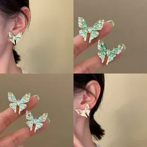 Elegant Copper Butterfly Stud Earrings Rhinestone Artificial Pearl Decor 925 Sterling Silver Earring Post For Women Gift