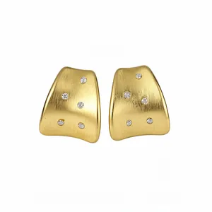 Elegant 18K gold plated brushed metal stud earrings with sparkling cubic zirconia stones