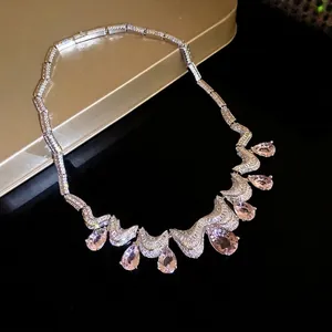 Elegant silver-toned necklace featuring luxury pink zircon teardrop pendants for women