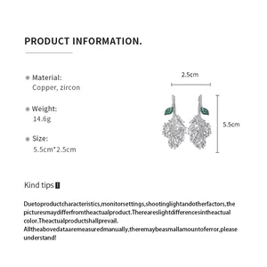 Detailed product information and size chart for elegant zircon leaf drop earrings