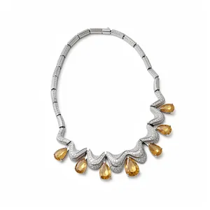 Elegant silver-toned necklace featuring zircon-paved waves and yellow teardrop pendants.