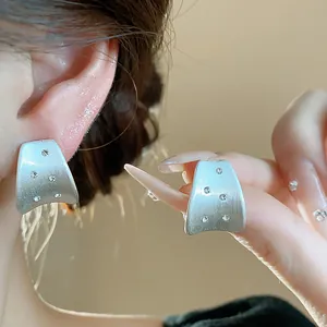 Detailed view of elegant brushed silver stud earrings with sparkling zircon inlays on a model