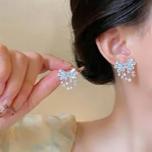 Korean Style Bow Zirconia Stud Earrings 925 Sterling Silver Post Blue Zircon Artificial Pearl Tassel Earrings For Women