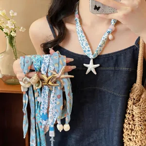 Women Resort Style Fabric Printed Necklace Alloy Starfish Shell Pendant Beach Vacation Sweater Chain Fashion Jewelry