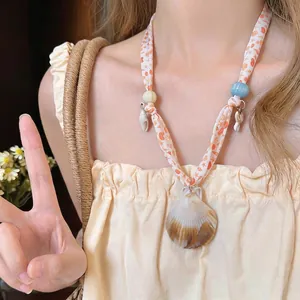 Korean style fabric printed necklace with seashell pendant for seaside beach vacations
