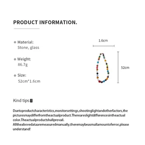 Detailed view of colorful stone and glass beaded necklace with size specifications