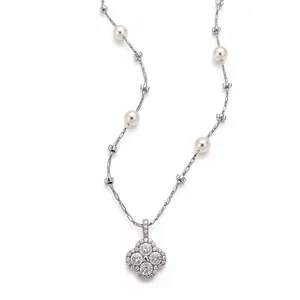 Exquisite silver necklace featuring a clover flower zircon pendant and lustrous white pearls