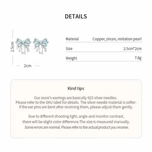 Technical specifications of bowknot zircon earrings including dimensions, weight and materials.