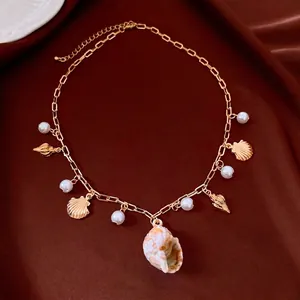 Gold Alloy Artificial Pearl Shell Starfish Pendant Necklace Beach Vacation Clavicle Chain Fashion Jewelry For Women Gift