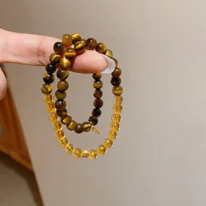 Exquisites Set aus Tigerauge und gelben Glasperlen Armbändern für Damen Modeschmuck
