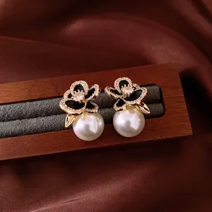14K Gold Plated Flower Artificial Pearl Stud Earrings For Women Luxurious Zirconia Floral Drop Earrings Vintage Fashion Jewelry